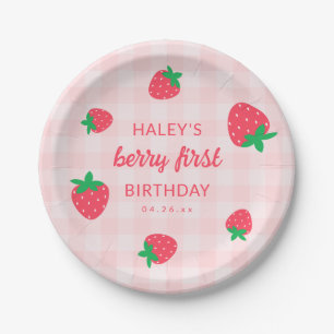 Plato De Papel Fresa Cumpleaños Primero 1er Bebe Rosa Lindo