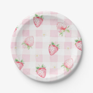 Plato De Papel Fresa de cuadros rosados Cumpleaños primero 1er