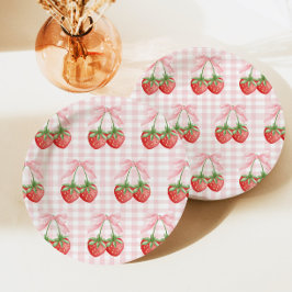Plato De Papel Fresa dulce cumpleaños de gingham rosa