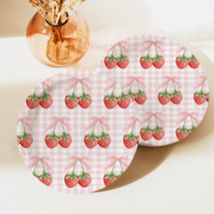 Plato De Papel Fresa dulce cumpleaños de gingham rosa