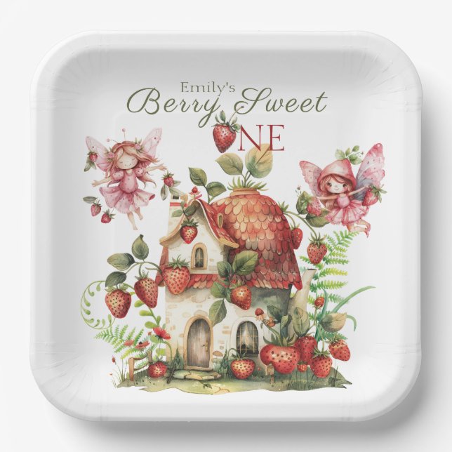 Plato De Papel Fresa Fairy Berry Sweet Chicas Primer Cumpleaños (Anverso)