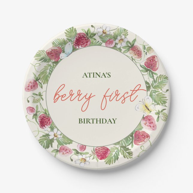 Plato De Papel Fresa Floral Chica Berry Primer cumpleaños (Anverso)