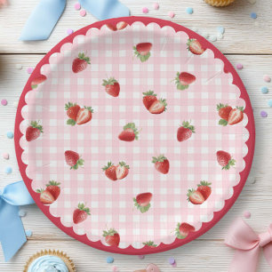 Plato De Papel Fresa Fresca con Patrón de Cuadro Rosa