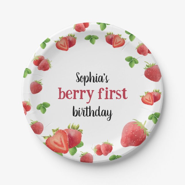 Plato De Papel Fresa primer cumpleaños Fiesta Berry Sweet (Anverso)