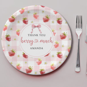 Plato De Papel Fresa Roja Cuadrillé Rosa Gracias Muchas Bayas