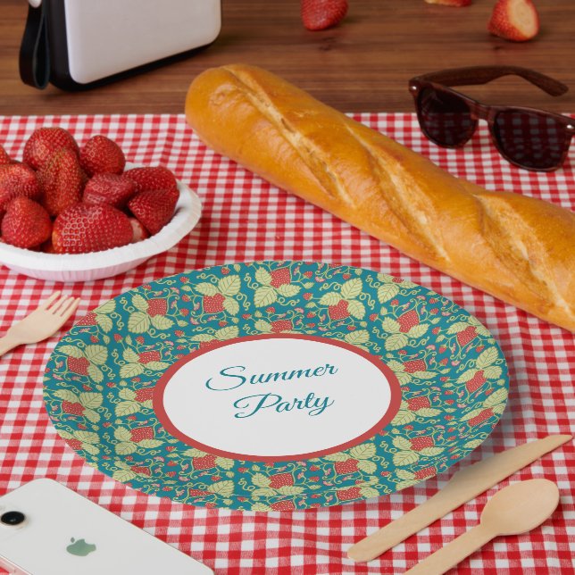 Plato De Papel Fresa Roja & Flor Rosa & Enredaderas (Picnic)