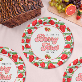 Plato De Papel Fresa Roja Verde Rayas Blancas Primera Baya