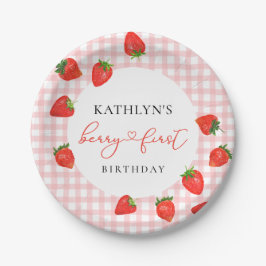 Plato De Papel Fresa Rosa Berry Primera Plaid Gingham Birthday