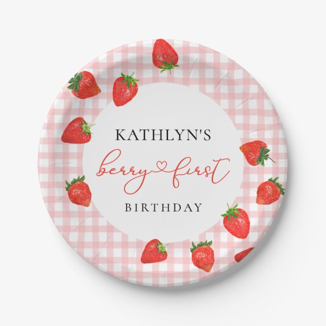 Plato De Papel Fresa Rosa Berry Primera Plaid Gingham Birthday (Anverso)