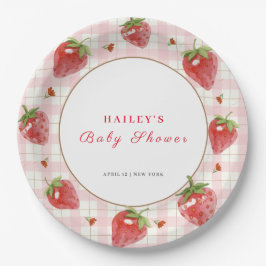 Plato De Papel Fresa rosa Berry Sweet Gingham Baby Shower