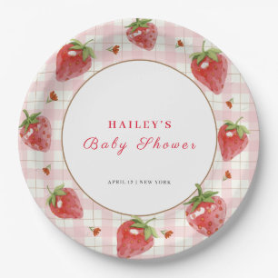 Plato De Papel Fresa rosa Berry Sweet Gingham Baby Shower
