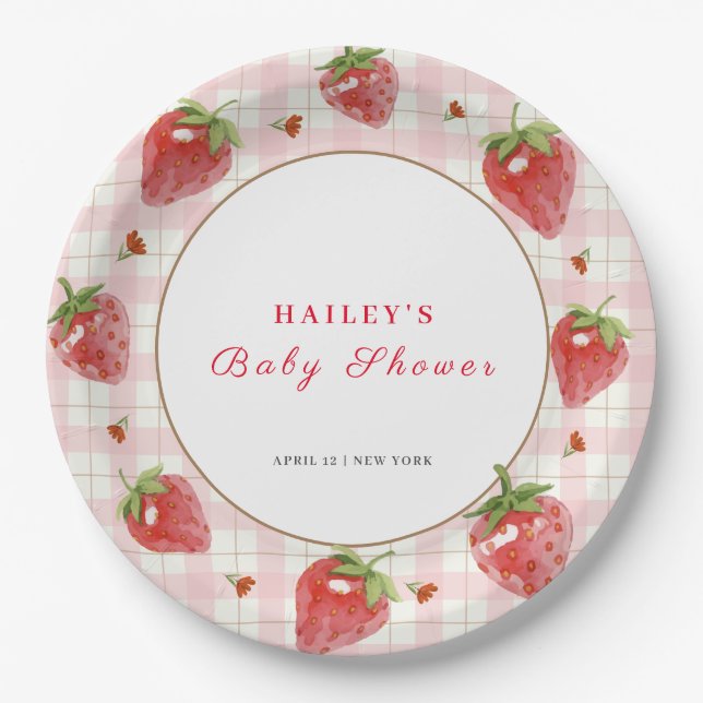 Plato De Papel Fresa rosa Berry Sweet Gingham Baby Shower (Anverso)