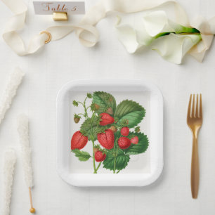 Plato De Papel Fresa Vintage Con Foliage