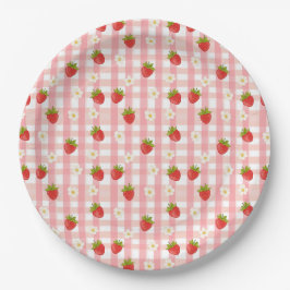 Plato De Papel Fresa y flores en un gingham rosa