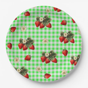 Plato De Papel Fresa y gingham verde adorables placas de papel