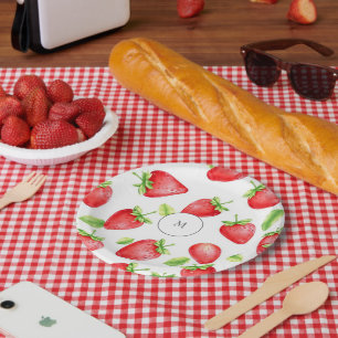 Plato De Papel Fresas acuáticas monogramadas de verano moderno