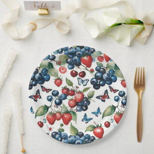 Plato De Papel Fresas con arándanos y mariposas