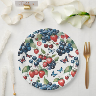 Plato De Papel Fresas con arándanos y mariposas