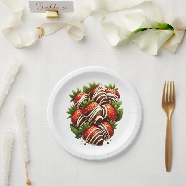 Plato De Papel Fresas de Chocolate Postre de Fresa Fiesta (Boda)