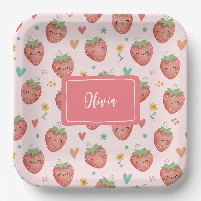 Plato De Papel Fresas Kawaii Adorables (Anverso)