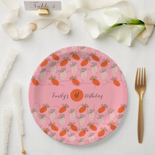 Plato De Papel Fresas Patrón de garabatos rosa blanco      (Boda)