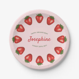 Plato De Papel Fresas Rojas de Verano en Cumpleaños Rosa