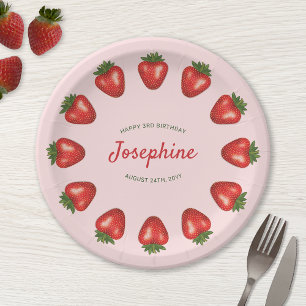 Plato De Papel Fresas Rojas De Verano En Cumpleaños Rosa