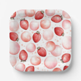 Plato De Papel Fresas rojas y globos rosados elegante