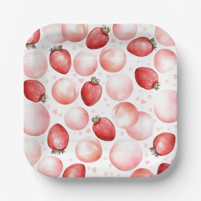 Plato De Papel Fresas rojas y globos rosados elegante (Anverso)