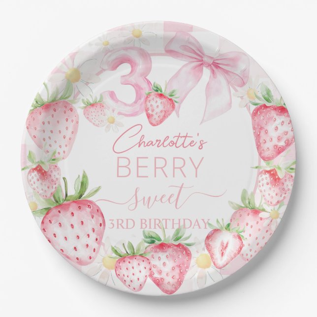 Plato De Papel Fresas rosadas de Cute Berry Sweet 3 cumpleaños (Anverso)
