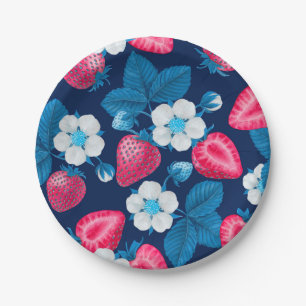 Plato De Papel Fresas rosas en azul