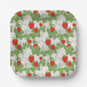 Plato De Papel Fresas y flores rosadas y blancas