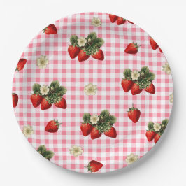 Plato De Papel Fresas y placas de papel lindas de gingham rojas