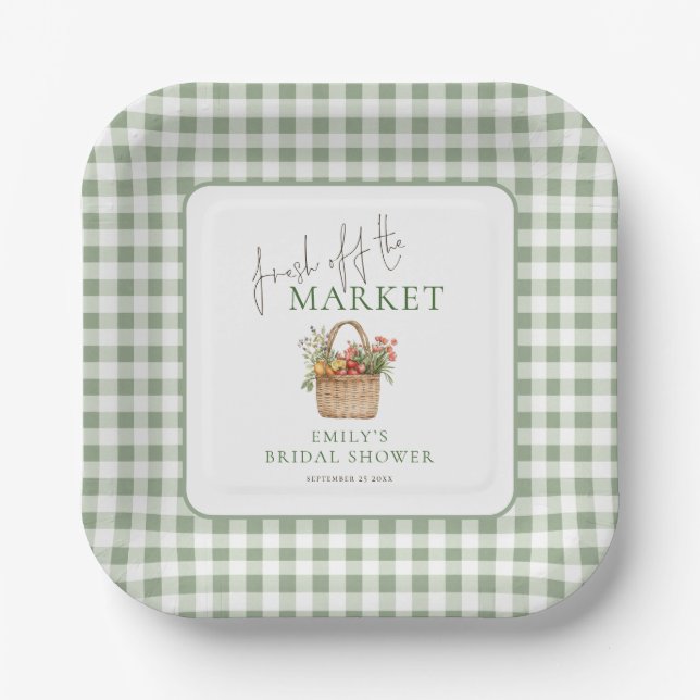 Plato De Papel Fresco de Mercado Sage Gingham Despedida de Solter (Anverso)