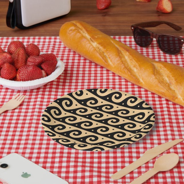 Plato De Papel Fret griego, patrón de onda mediterránea, marrón (Picnic)