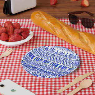 Plato De Papel Fret griego, patrón mediterráneo, azul