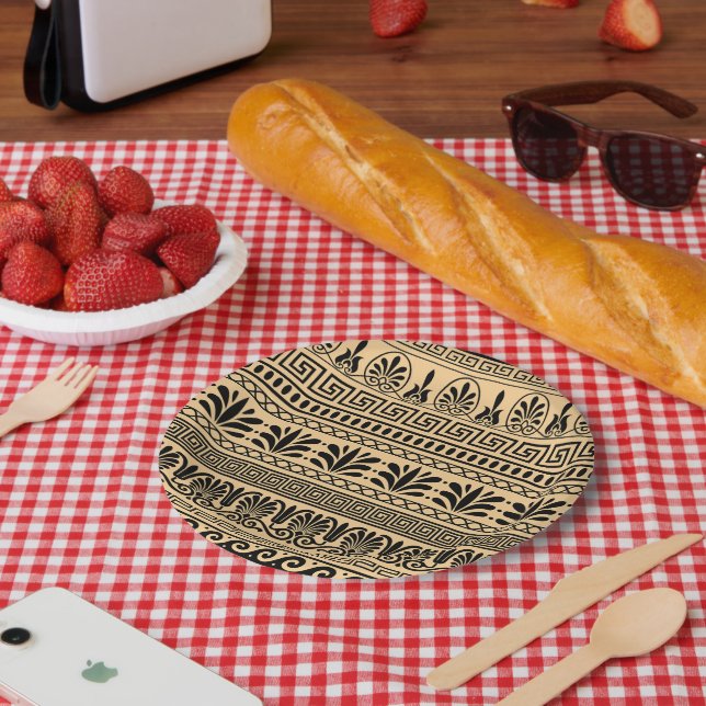 Plato De Papel Fret griego, patrón mediterráneo, marrón (Picnic)