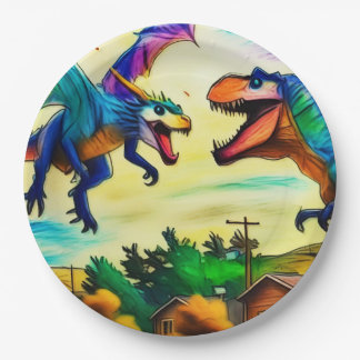 Plato De Papel Friendly Encounter - Dragon and Dinosaur