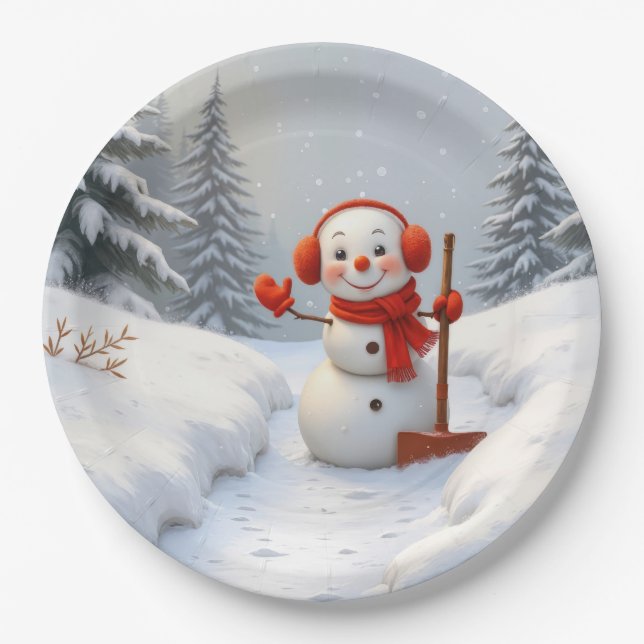 Plato De Papel Friendly Snowman with a Red Shovel (Anverso)