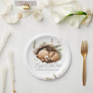 Plato De Papel Frío fuera de Woodland Bear Baby Shower de inviern