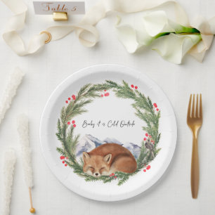 Plato De Papel Frío fuera de Woodland Fox Winter Baby Shower