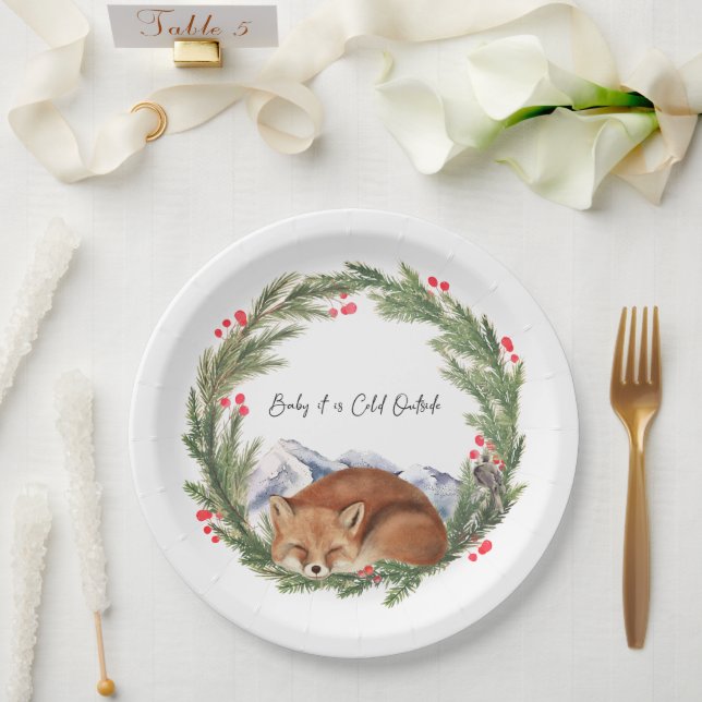 Plato De Papel Frío fuera de Woodland Fox Winter Baby Shower (Boda)