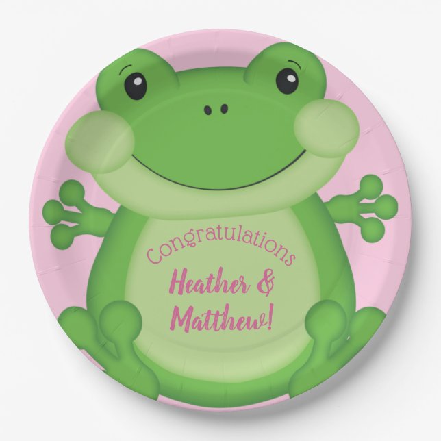Plato De Papel Frog Baby Shower Pink (Anverso)