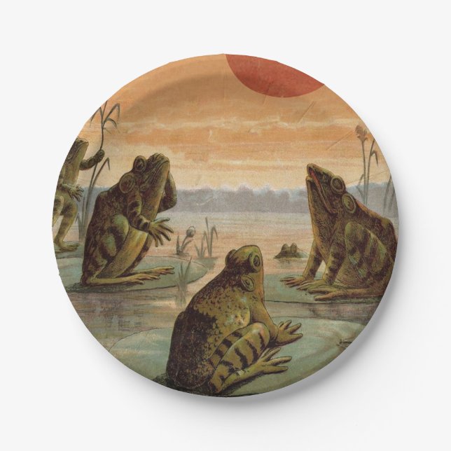 Plato De Papel Frogs Lily Pads Moon Illustration (Anverso)