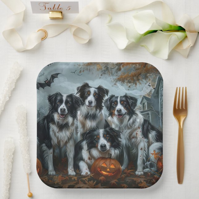 Plato De Papel Frontera Collie Halloween Noche Doggy Delight (Boda)