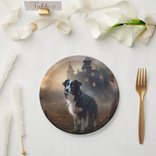 Plato De Papel Frontera Collie Halloween Scary (Boda)