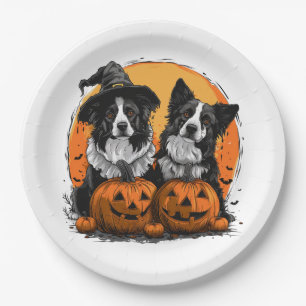 Plato De Papel Frontera Collie Perros Halloween Jack O Lanterns