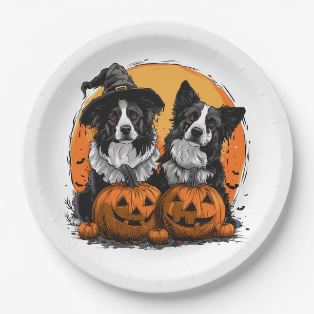 Plato De Papel Frontera Collie Perros Halloween Jack O Lanterns (Anverso)