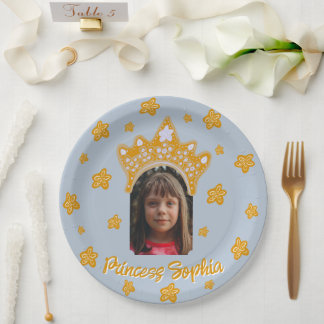 Plato De Papel Frosted Blue Princess Crown Floral Photo Birthday