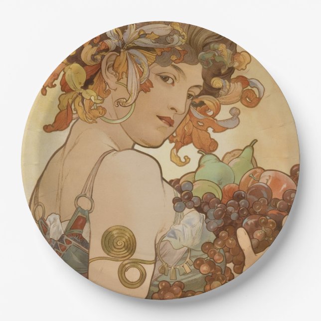 Plato De Papel Fruta (Art Nouveau) (retrato femenino) (frutas) (Anverso)